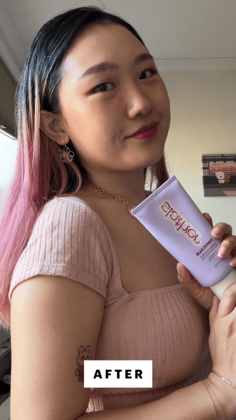 Han after applying the Topicals Slather Exfoliating Body Serum